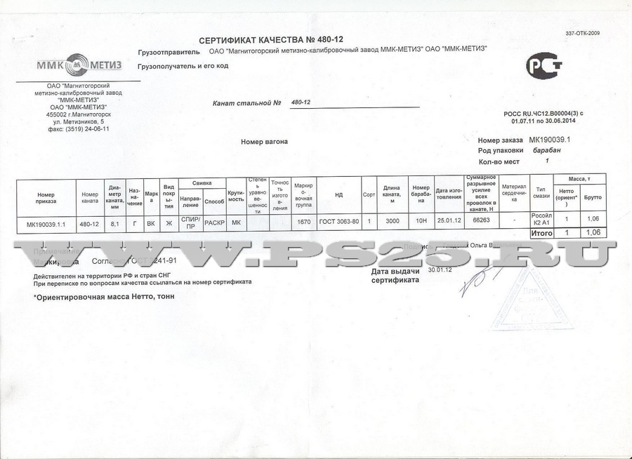 Сертификат на канат ГОСТ 3063-80 8,1 мм