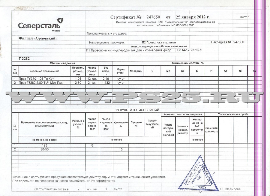 Сертификат на проволоку ТУ 370 1,05 т/н и ГОСТ 3282-74 диаметр 2,8 мм термически обработанную