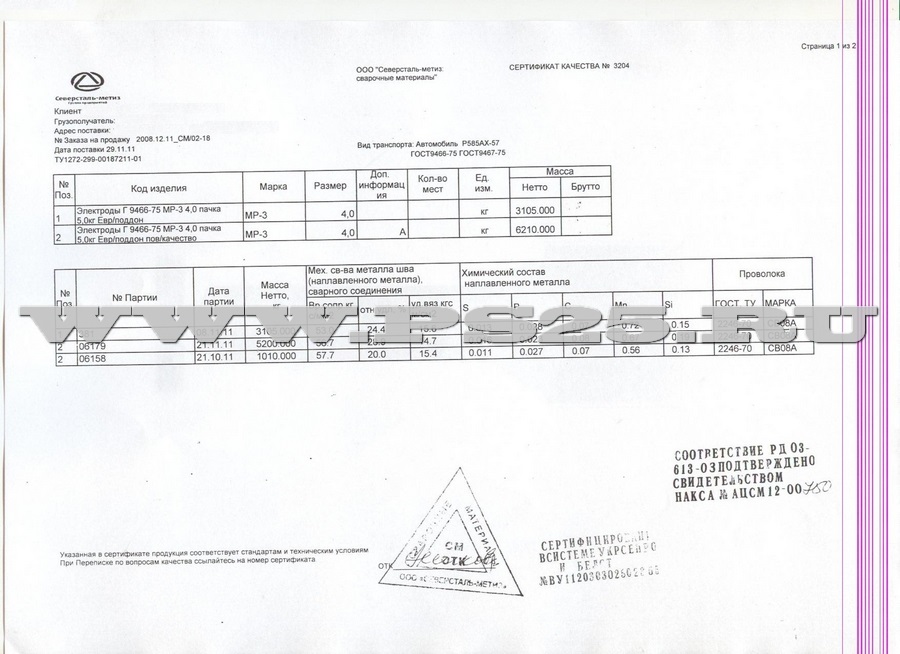 Сертификат МР-3 повышенного качества диаметр 4,0мм