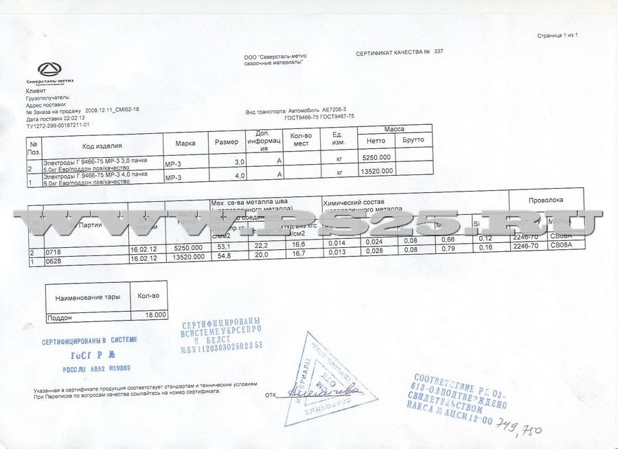 Сертификат МР-3 повышенного качества диаметр 3,0мм и 4,0мм