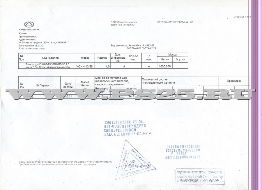 Сертификат УОНИ 13/55 диаметр 4,0мм повышенное качество