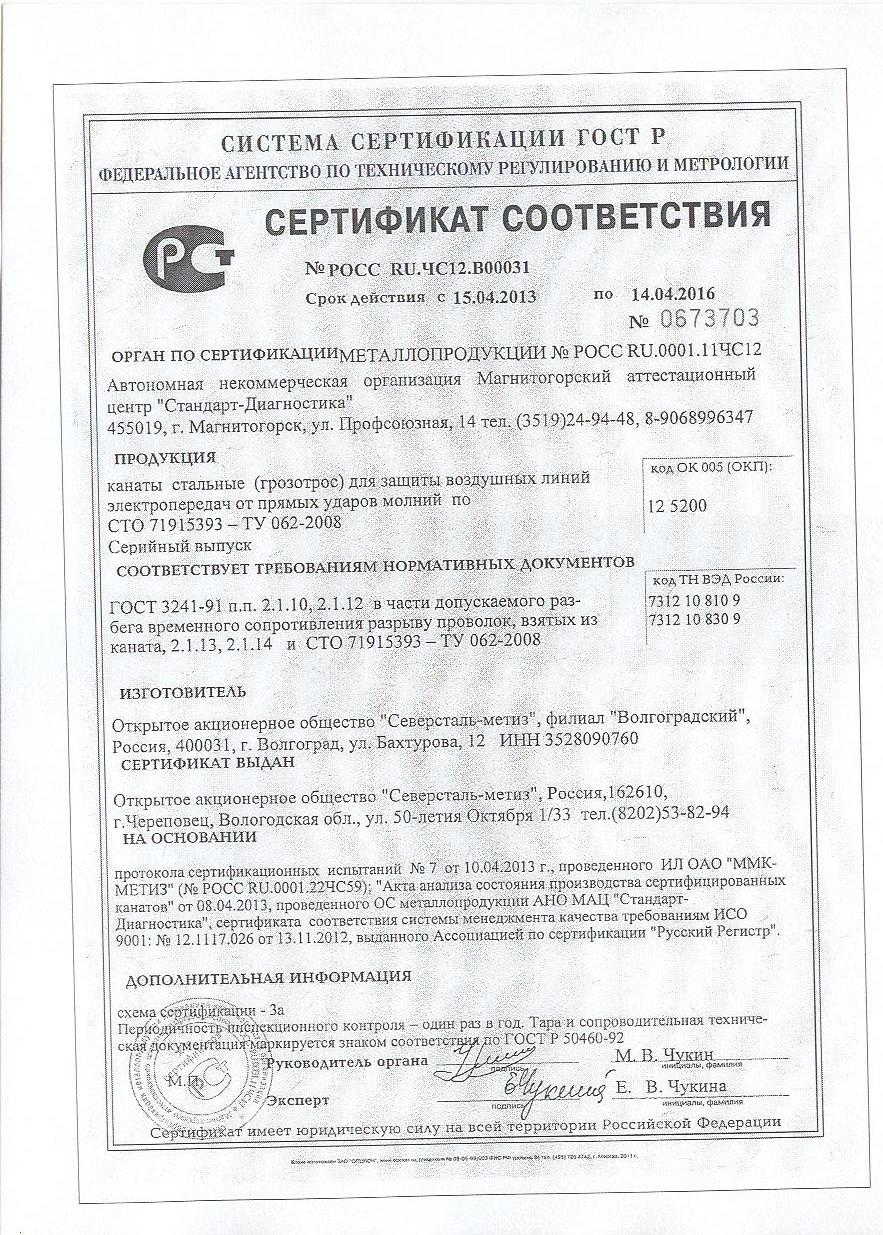 Сертификат соответсвия на грозотрос МЗ СТО 71915393-ТУ-062-2008