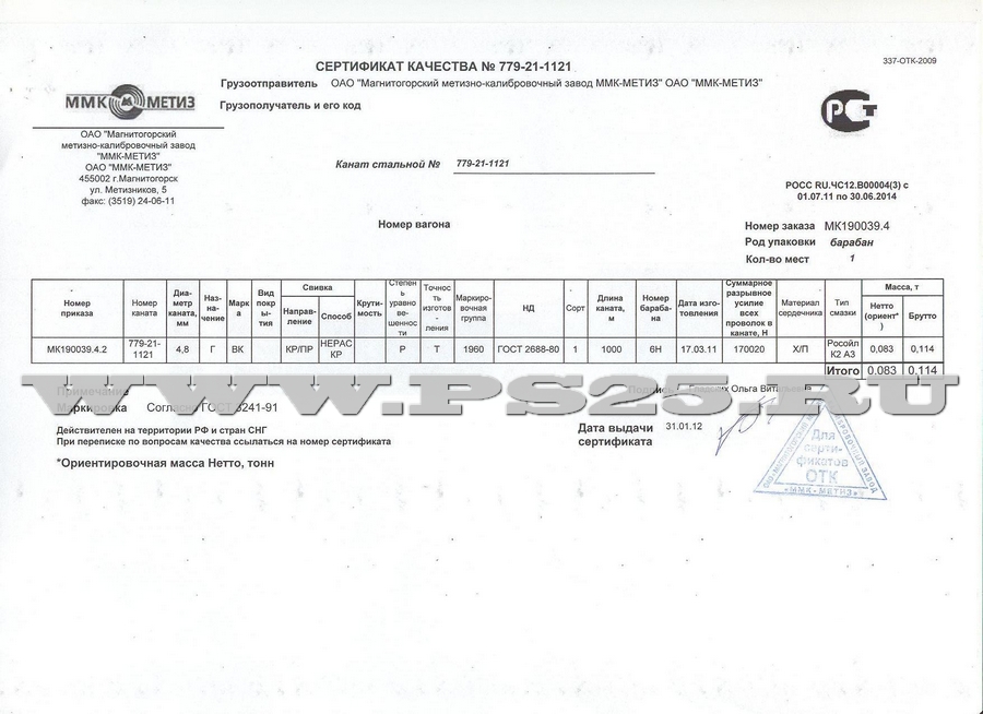 Сертификат на канат ГОСТ 2688-80 диаметр 4,8 мм