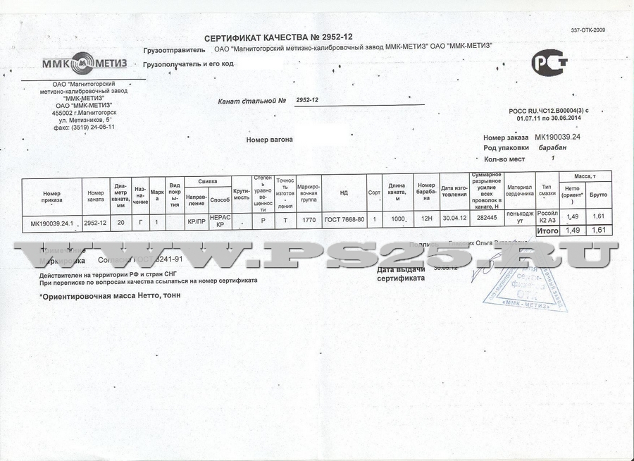 Сертификат на канат стальной ГОСТ 7668-80 диаметр 20 мм