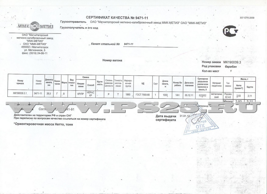 Сертификат на канат ГОСТ 7669-80 диаметр 26,5 мм