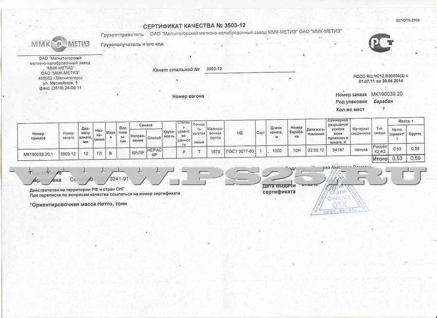 Сертификат на канат стальной ГОСТ 3077-80 диаметр 12 мм грузолюдской (ГЛ)
