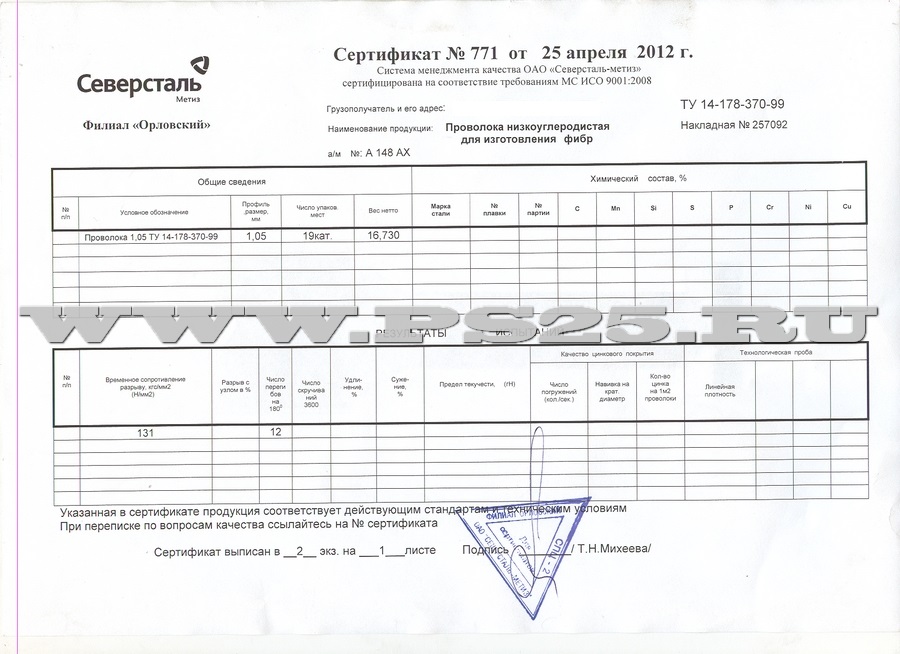 Сертификат проволока для изготовления фибры 1,05 мм ТУ 14-178-370-99
