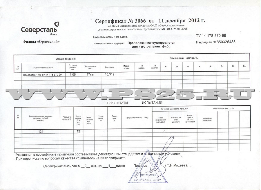Сертификат на проволоку для производства фибры диаметр 1,05 мм