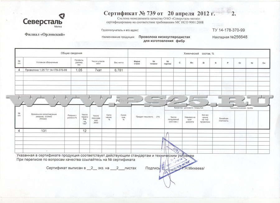 Сертификат качества на проволоку для производства фибры диаметр 1,05 мм