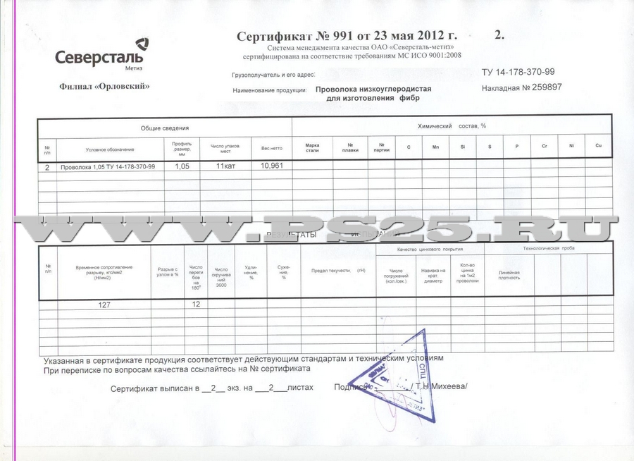 Сертификат на проволоку для стальной фибры 1,05 мм