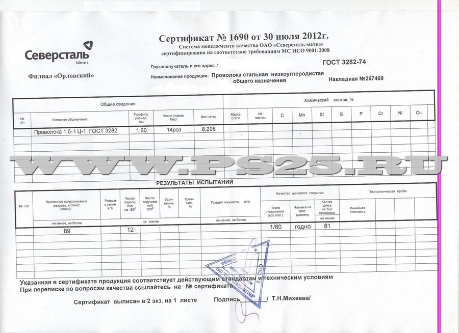 Сертификат на роволоку 1,6-I-Ц-1 ГОСТ 3282-74
