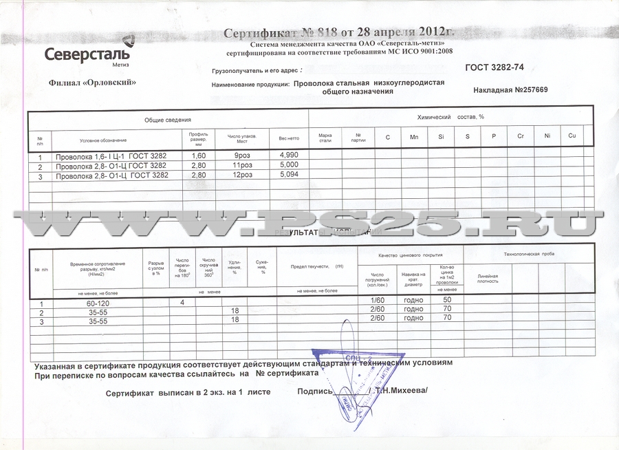 Сертификат на качества проволоку 1,6 мм оцинкованную термически необработанную и 2,8 мм оцинкованную термически обработанную