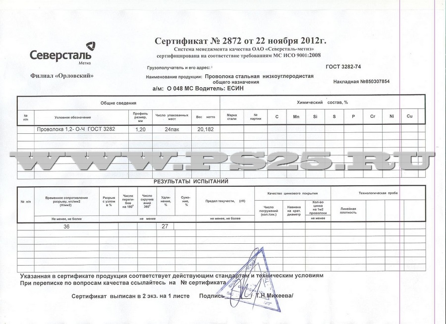 Сертификат проволока 1,2-О-Ч ГОСТ 3282-74