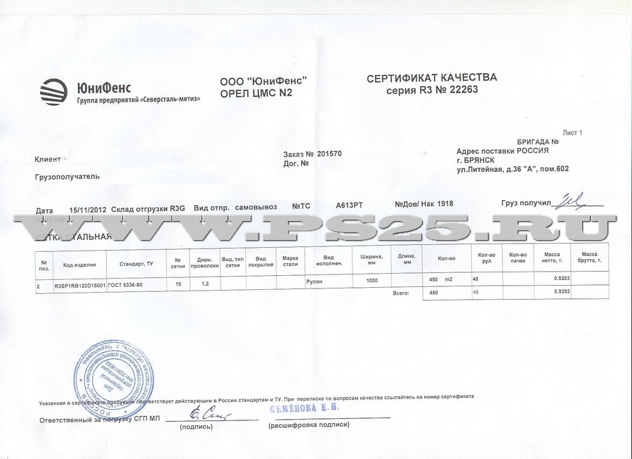 Сертификат на сетку плетеную ГОСТ 5336-80 10х1,2